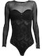 Miss Rosy Lingerie Long Sleeve Bodysuit with Lace Black