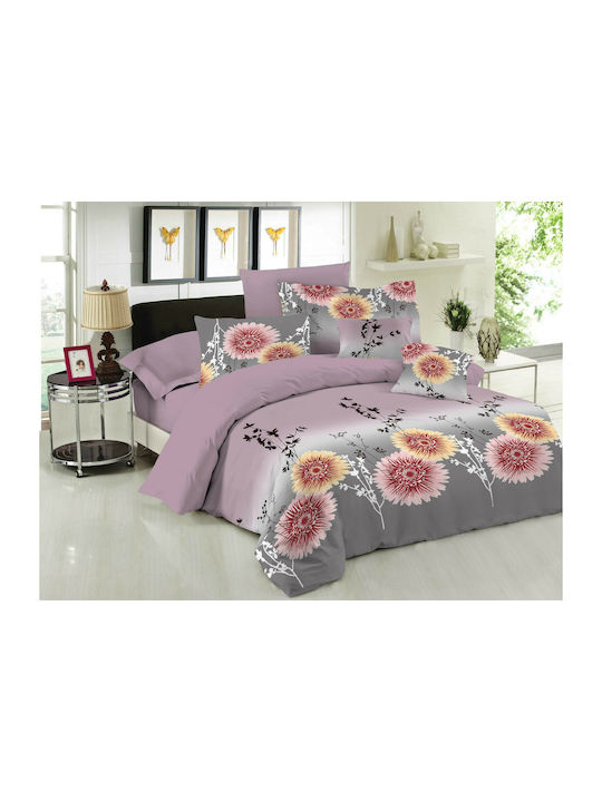 Le Blanc Set Cearșafuri Extra-Dublu cu Elastic 160x200+30cm. Chrysanthemum Liliac 4buc