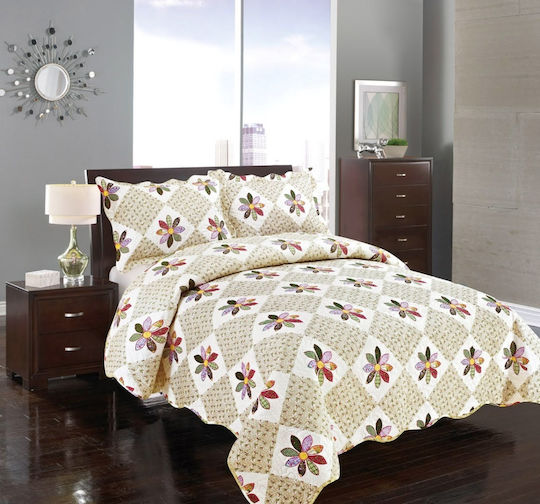 Silk Fashion Daisy Set Coverlet Queen Size Cotton Beige 220x240cm 3pcs