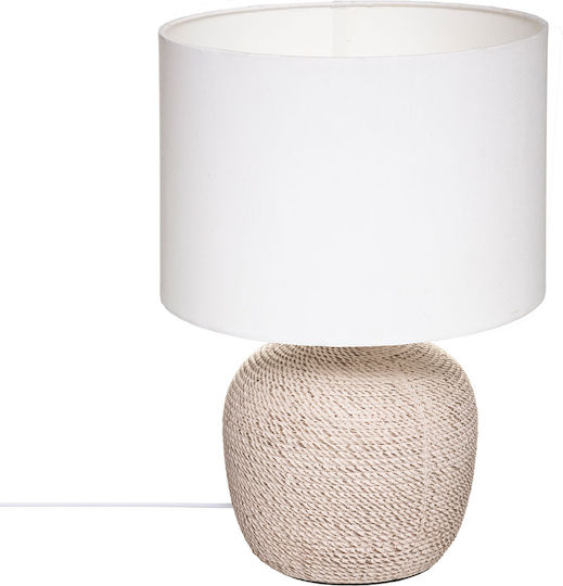 Atmosphera Davia Stoff Tischlampe für Fassung E27 mit Weiß Schirm und Beige Basis
