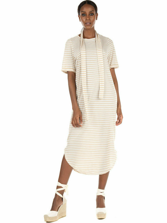 Vero Moda Summer All Day Short Sleeve Midi Dress Beige Striped