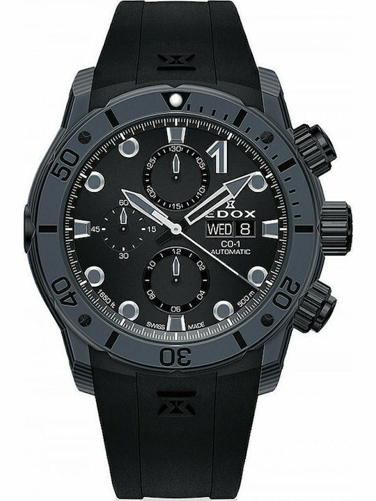 Edox Ανδρικό Ρολόι 45mm Χρονογράφος Αυτόματο με Μαύρο Καουτσούκ Λουράκι