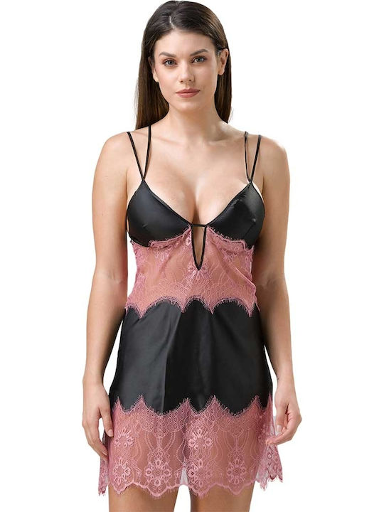 Luna Satin Damen Nachthemd mit String Schwarz Cabaret