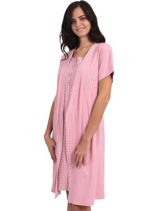 Lydia Creations Summer Women's Cotton Robe with Nightdress Pink 21019