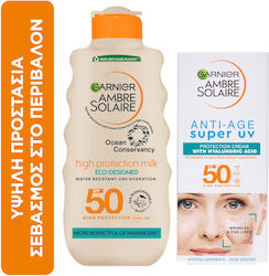 Garnier Ambre Solaire Ocean Protect High Protection Milk SPF50 200ml and Anti Age Super UV Face Cream SPF50 50ml Sunscreen Sets with Sunscreen 2 Pieces