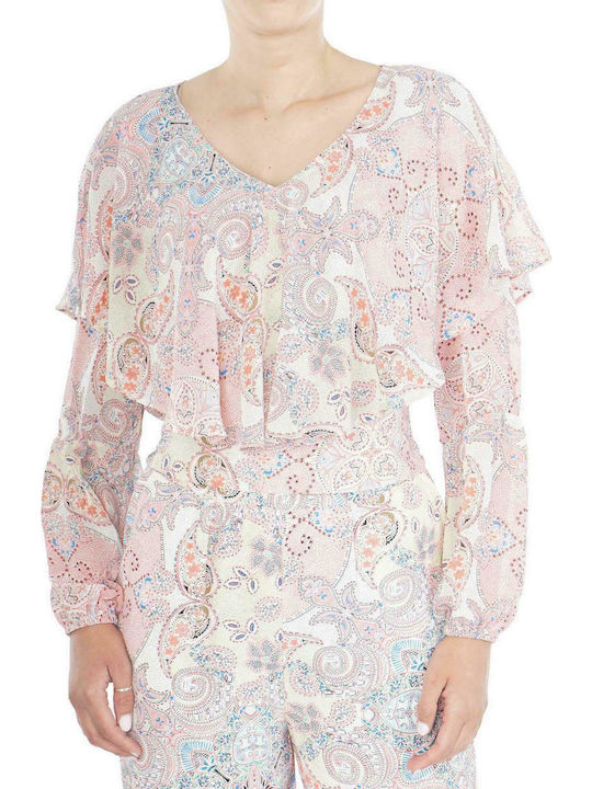 Only Long Sleeve Women's Blouse with V Neckline Pink Printed