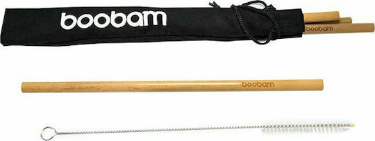 Boobam Straws Bamboo Brown with Brush with Brush 4pcs