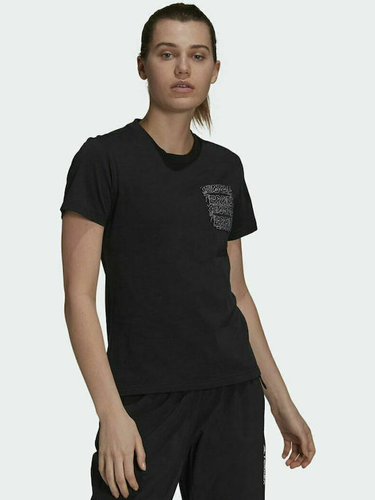 Adidas Terrex Pocket Graphic Damen Sport T-Shirt Schnell trocknend mit Durchsichtigkeit Schwarz