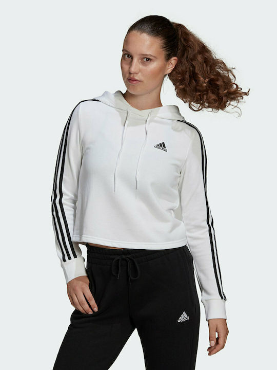 Adidas Essentials 3-Stripes Cropped Γυναικείο Φούτερ με Κουκούλα Λευκό