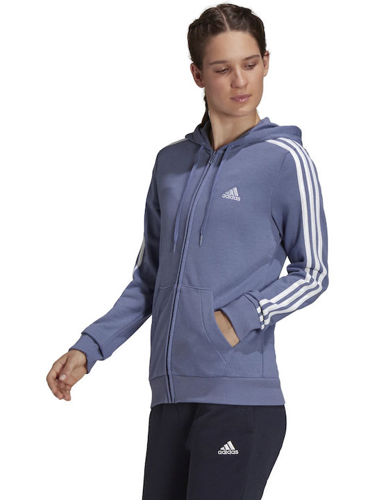 Performance Essentials 3-Stripes Γυναικεία Ζακέτα Φούτερ με Κουκούλα Μπλε