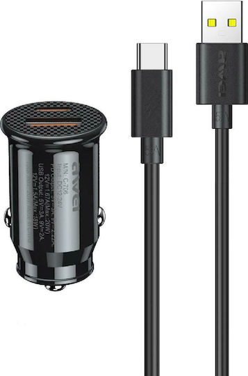 Awei Car Charger 20W with Ports: 1xUSB 1xType-C with Cable Type-C Black Color
