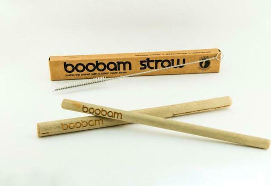 Boobam Straws Bamboo Beige with Brush with Brush 2pcs