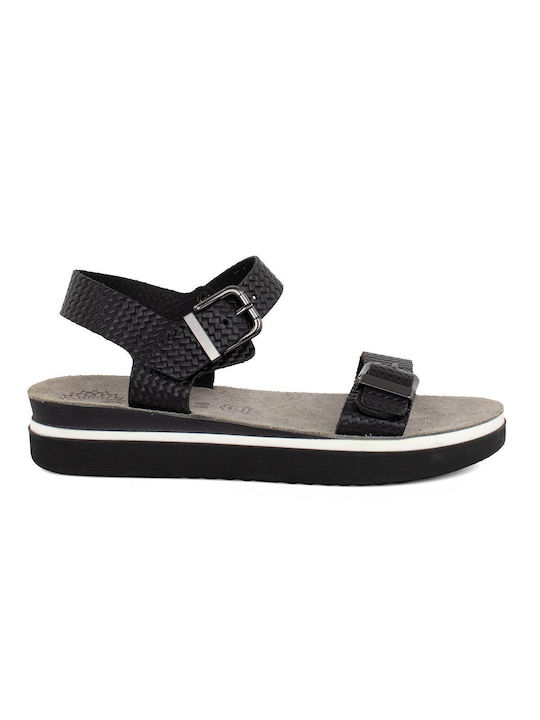 Ateneo 2401 Leather Women's Flat Sandals with Strap Flatforms in Black Color