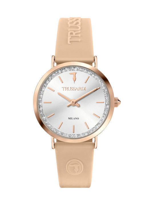 Trussardi T-Motif Γυναικείο Ρολόι 33mm Μπαταρίας με Μπεζ Καουτσούκ Λουράκι