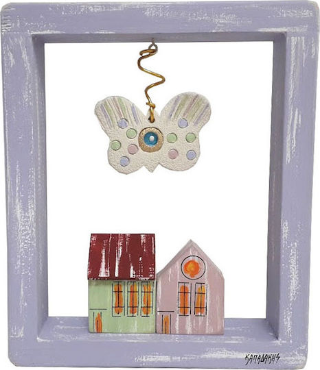 Kapadakis Wood Art Wanddekoration Häuser mit Schmetterling Handgefertigt Lila aus Hölzernes 20x5x24cm