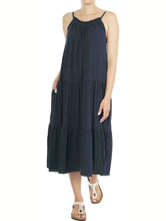 Superdry Midi Καλοκαιρινό All Day Φόρεμα Μακό Navy Μπλε