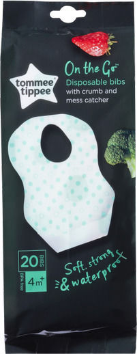 Tommee Tippee Αδιάβροχη Σαλιάρα Χάρτινη με Ενιαίο Λαιμό μίας Χρήσης On the Go με Τσέπη για 4 m+ 20τμχ