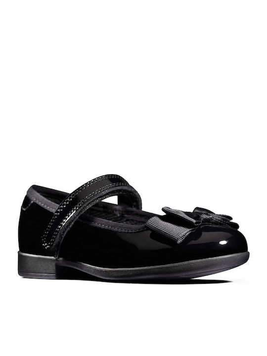 Balerini copii Anatomic cu închidere Hoop & Loop Piele lăcuită Negre Tap