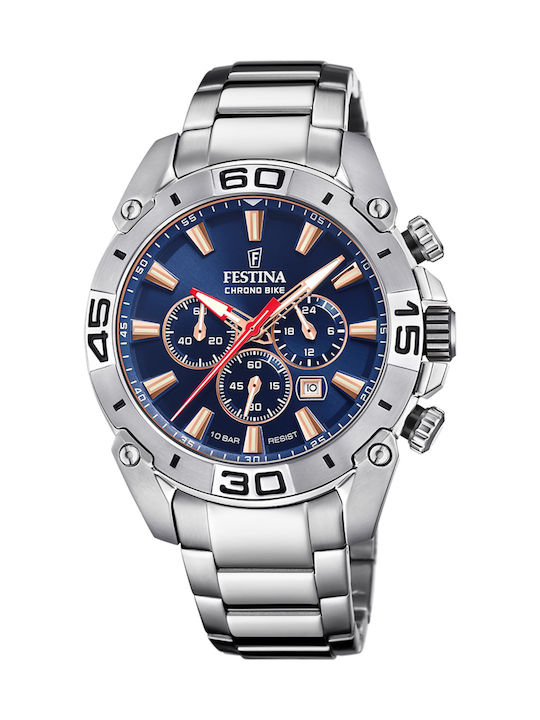 Festina Ανδρικό Ρολόι 45mm Χρονογράφος Μπαταρίας με Ασημί Μεταλλικό Μπρασελέ