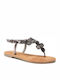 Leather Women's Flat Sandals with Strap in Silver Color