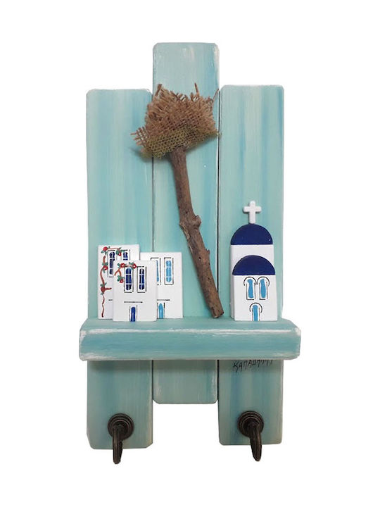 Kapadakis Wood Art Wall Hanger Handmade "Chapel with Nisiotika Houses" Wooden 2 Hooks Blue 15x7x30cm