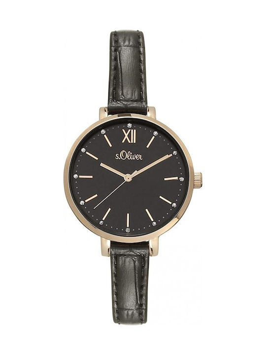 s.Oliver Women's Watch with Black Leather Strap