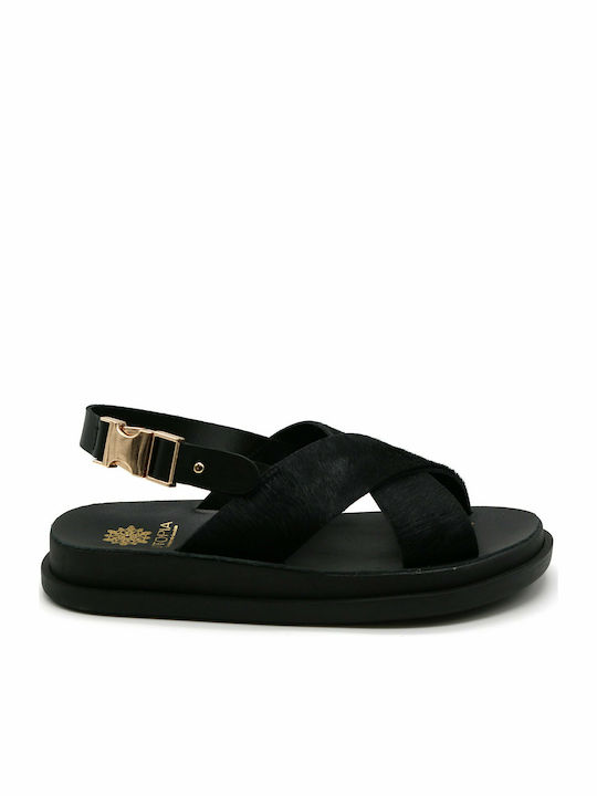 Utopia Sandals Leather Women's Flat Sandals in Black Color