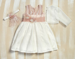 Lollipop Celebrations White Lace Baptism Outfit with Hair Accessories , Cardigan & Dress 3pcs