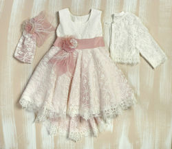 Lollipop Celebrations Pink Lace Baptism Outfit with Hair Accessories , Dress & Cardigan 3pcs