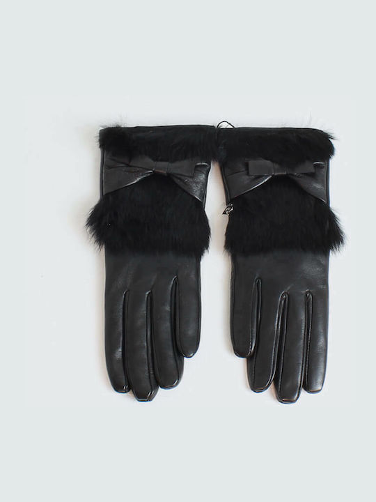 Pierre Cardin G301 Μαύρα Γυναικεία Δερμάτινα Γάντια με Γούνα