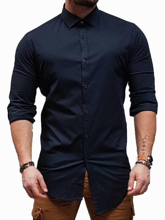 Stefan Fashion Long-sleeved Cotton Shirt Navy Blue
