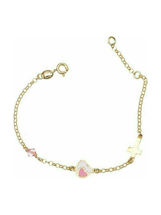 Children's bracelet made of gold plated silver with double heart and cross