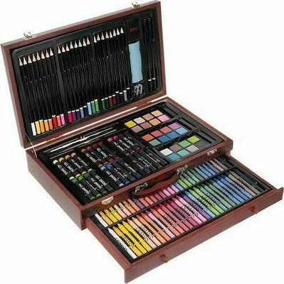 Colouring Set in Case Σετ Ζωγραφικής 142 Τεμαχίων με Ξύλινο Βαλιτσάκι Μεταφοράς 37.5x23cm 142pcs