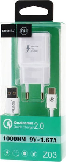 QIHANG Φορτιστής με Θύρα USB-A και Καλώδιο micro USB Quick Charge 2.0 Λευκός (Z03)