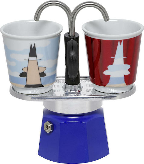 Bialetti Mini Express Set Magritte Stovetop Espresso Pot for 2 Cups Blue