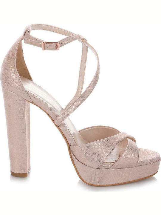 Fardoulis Platform Leather Women's Sandals 916-13 with Ankle Strap Pink