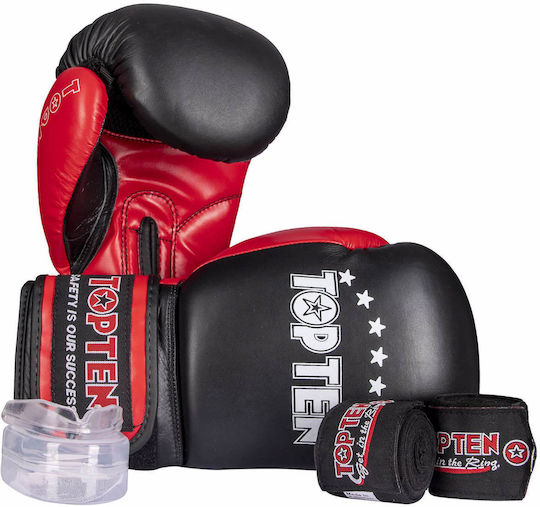 Top Ten Starter Kit Mănuși de Box din Piele Sintetică pentru Competiție Negre Include proteză dentară și bandaje