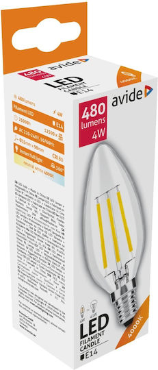 Avide ABLFC14NW-4W Λάμπα LED 4W 98mm για Ντουί E14 και Σχήμα C35 Φυσικό Λευκό 480lm