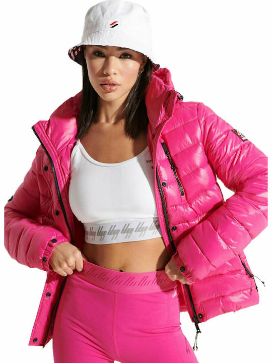 Superdry Fuji Κοντό Γυναικείο Puffer Μπουφάν για Χειμώνα Hot Pink