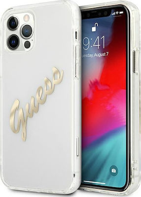 Guess Vintage Script Gold Plastic Back Cover Transparent (iPhone 12 / 12 Pro)