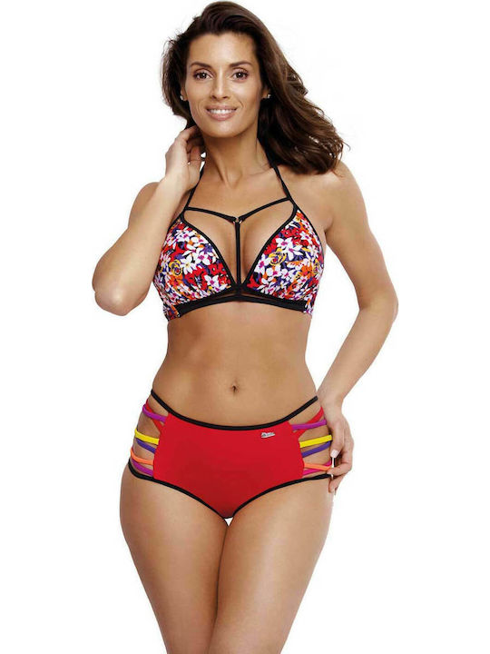 Bikini Set Triangle Push Up High Waist Floral Red