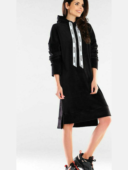 Awama Midi Dress with Hood Black