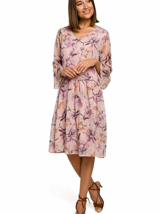 Stylove Summer All Day 3/4 Sleeve Midi Dress with V Neck Pink Floral S214 141964