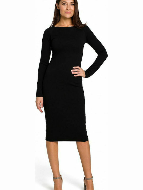 Stylove All Day Long Sleeve Cotton Midi Dress with Boatneck Black , Slim Fit S152 130431