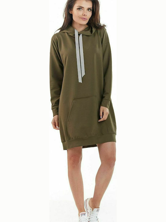 Awama Mini Kleid mit Kapuze Khaki