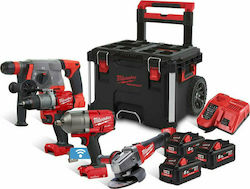 Milwaukee M18 PP4A-533P Set Eckiges Rad & Bohrschrauber & Schlagschrauber & Hammer 18V mit 3 Batterien 5Ah