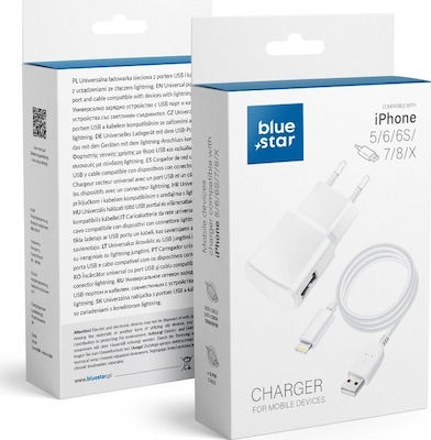 Blue Star Φορτιστής με Θύρα USB-A και Καλώδιο Lightning Λευκός (5901737183729)