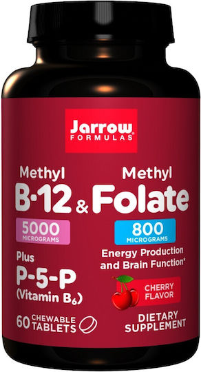 Jarrow Formulas Methyl B-12 5000mcg + Methyl Folate 800mcg Vitamin for Nervous System Health 60 chewable tabs