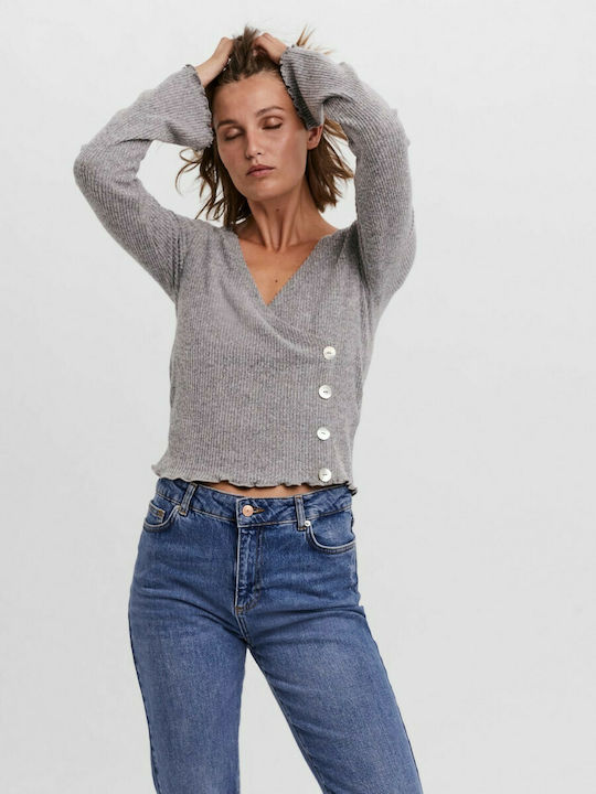 Vero Moda Damen Crop Top Langärmelig mit V-Ausschnitt Gray