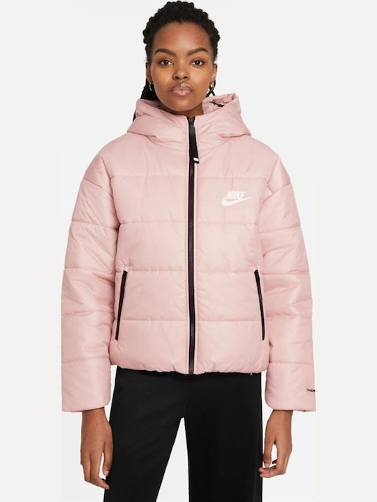 Sportswear Women's Short Puffer Jacket for Winter with Hood Pink